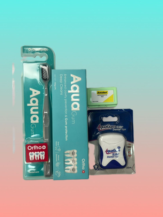 پک شامل مسواک خمیر دندان، نخ دندان ارتودنسی آکواگام + موم ارتودنسی آمیدن )